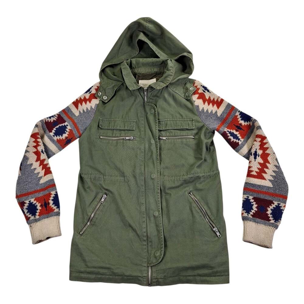 Thread & Supply Utility Jacket Womens Small Olive Green Aztec Knit Sleeve Hooded